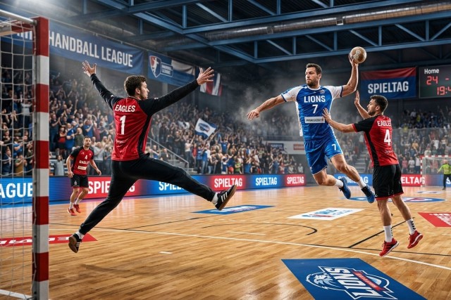 Handballspiel Ein Handballspieler wirft den Ball auf das Tor Zwei Gegenspieler versuchen dies zu verhindern